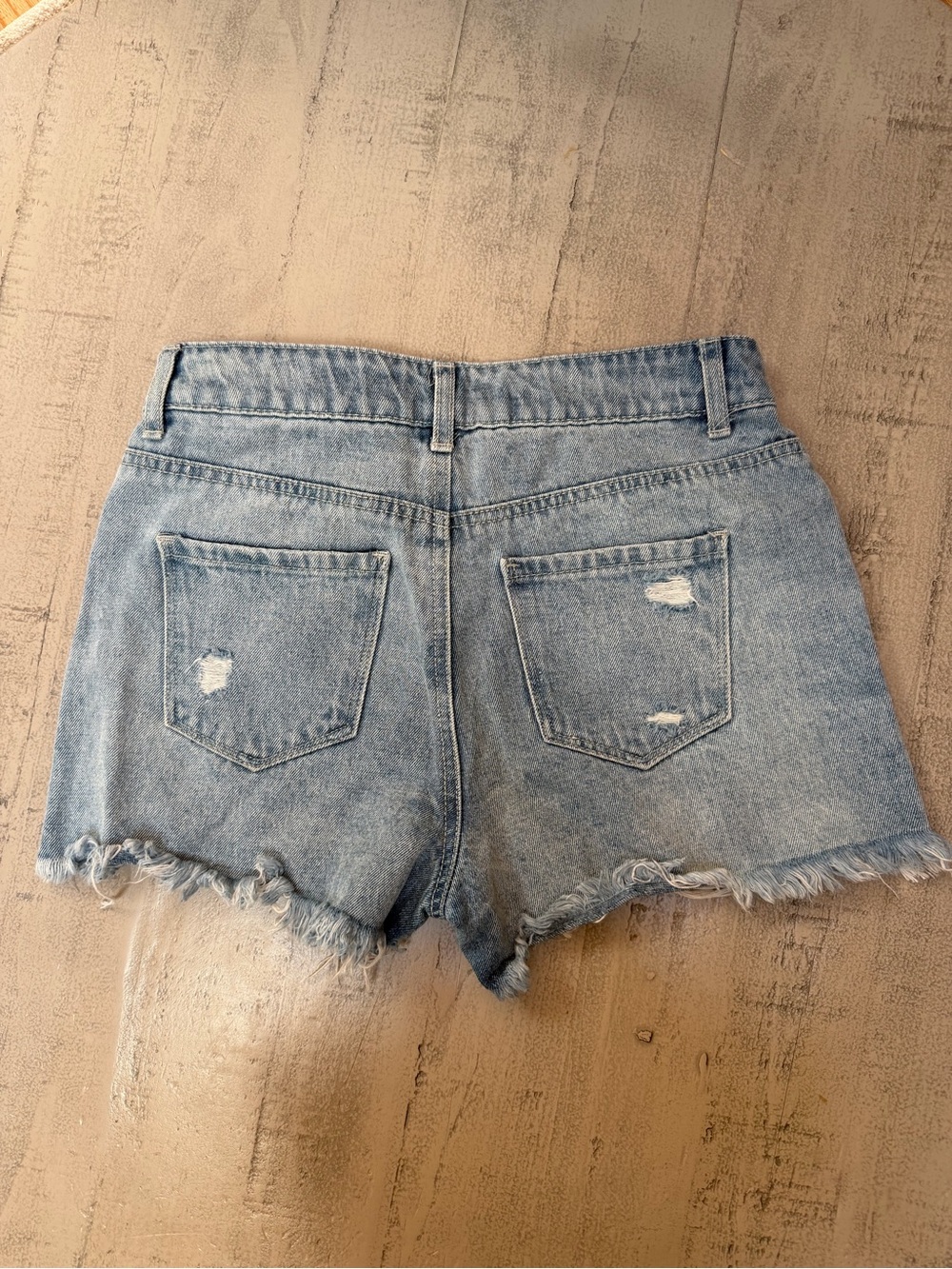 Light Blue Distressed Denim Shorts with Rhinestone Trim - Picture 3 of 3